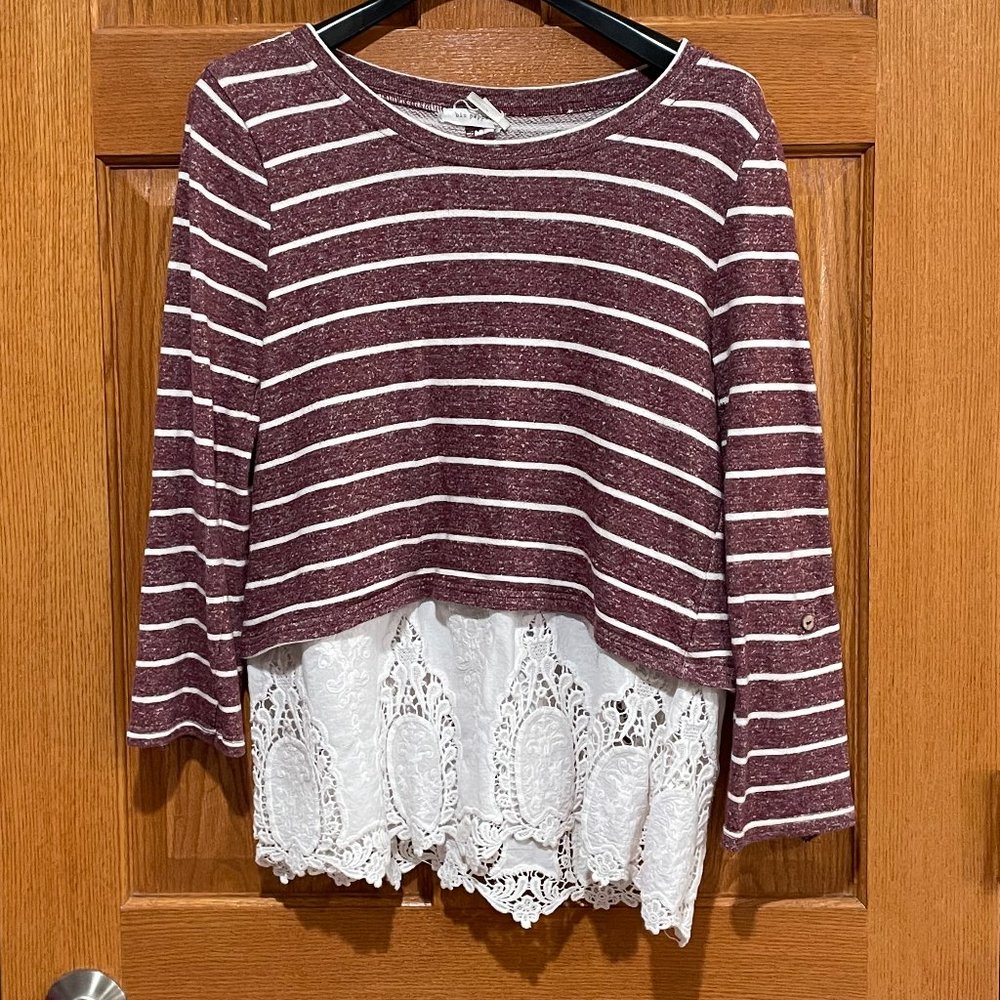 BLU PEPPER Women's L Long Sleeve Burgundy White Striped Sweater Lace Bottom